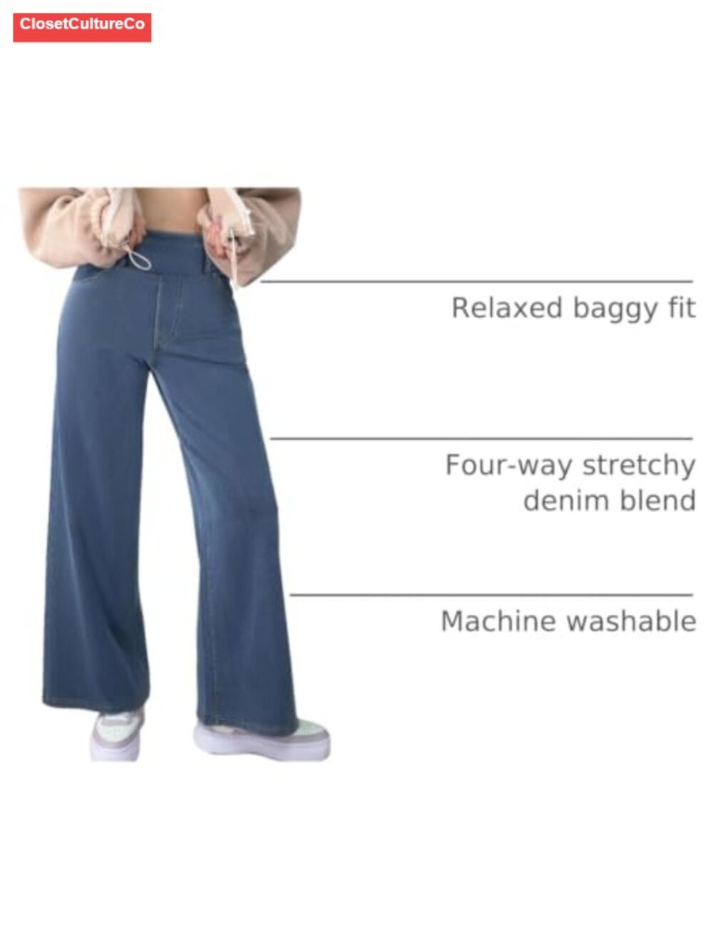 Women's Wide Leg High Waisted Stretch Pull-On Baggy Denim Jeans with Pockets - Picture 3 of 6